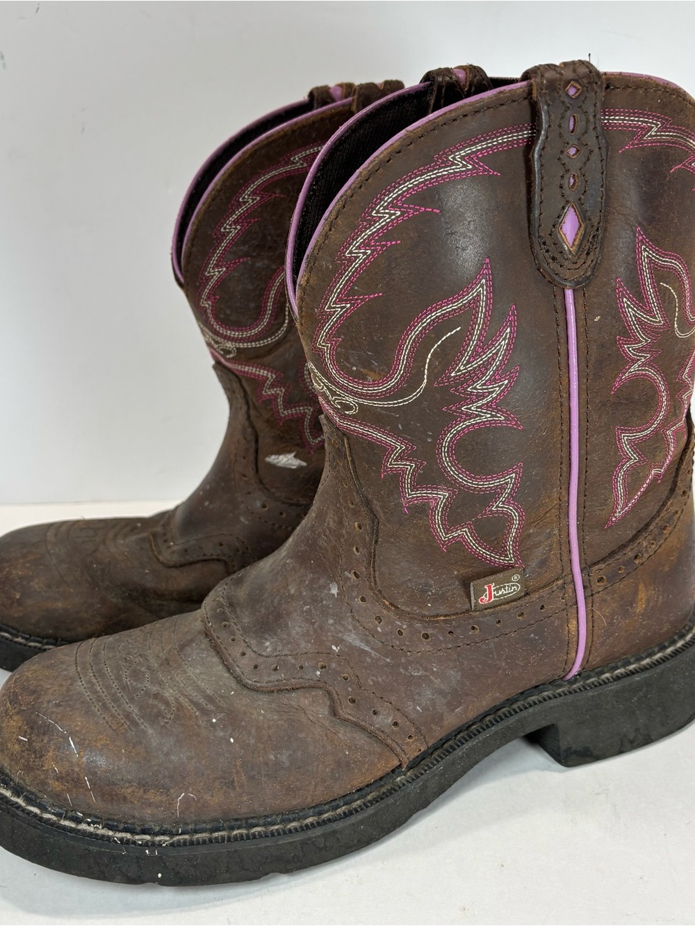 Justin Boots Gypsy Womens Leather Western Boots Brown/Pink Square Toe 8.5 B Read